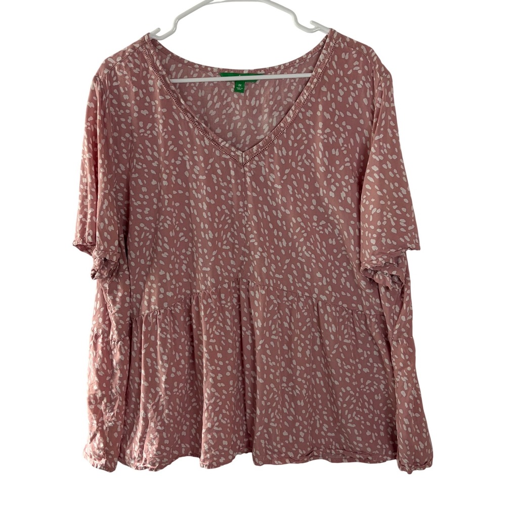 Dip Womens 3X Pink Abstract Dot V-Neck Babydoll Peplum Top Short Sleeve Viscose
